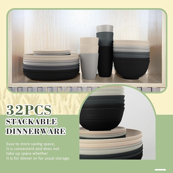 Wrova 32-Piece Wheat Straw Dinnerware Sets for 8, Dishwasher Safe Unbreakable Kitchen Bowls and Plates Sets with Cups, Alternative to Plastic Dish Sets for Camping, Dorm, R.V. Black & Grey