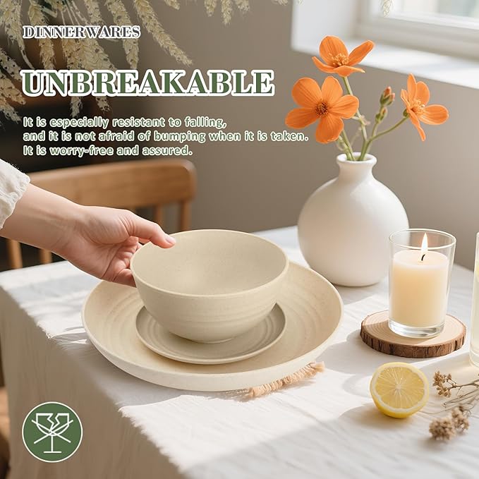 Wrova Wheat Straw Dinnerware Sets of 32,Dishwasher Safe Alternative Plastic Dishes Set Service for 8,Unbreakable Dinner Plates and Bowls Sets for Kitchen,Party,Camping,RV. Beige