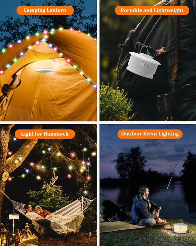 HOMEBEST Upgraded 33FT RGB Camping String Lights, Retractable Camping Lights with Music Sync, 19 Modes, Rechargeable Waterproof Tent Lights, Portable Camping Lantern for Tent, RV, Patio & Awning