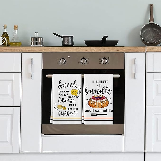 Funny Kitchen Towels and Dishcloths Sets of 4 Kitchen Towels with Sayings Cheese Bundts Absorbent Drying Tea Dish Towel for Cooking Baking Home Decorations,16 x 24 Inch