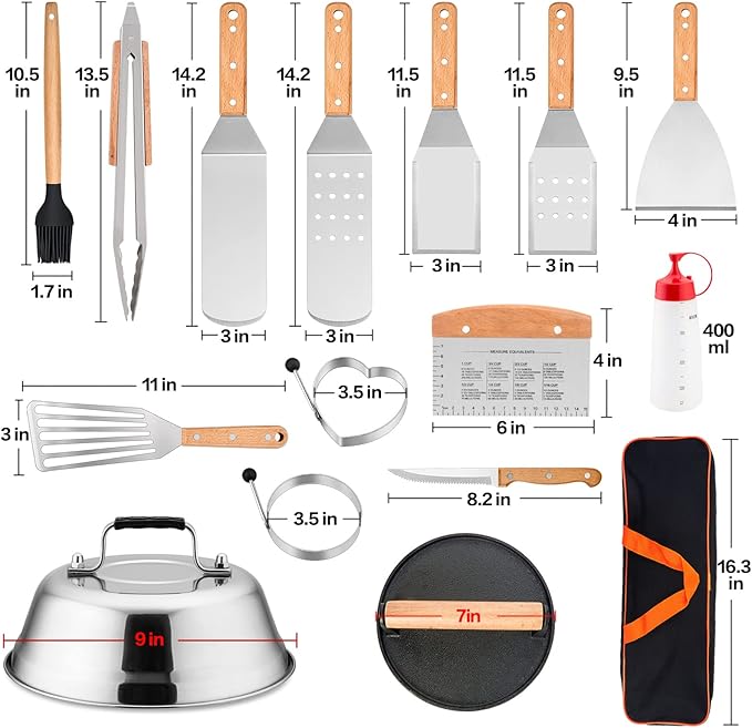 Griddle Accessories Kit, HaSteeL 20 Pcs Flat Top Grill Accessories Set for Camping, Griddle Spatula Tools with 9” Melting Dome, Grill Spatula Set with Choppers for Teppanyaki BBQ Outdoor