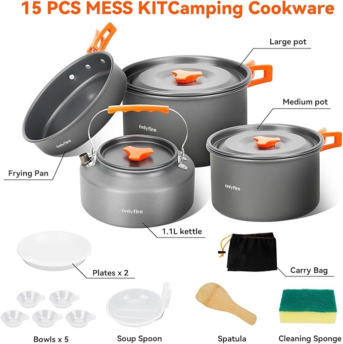 ONLYFIRE OUTDOOR LIVING14pcs Camping Cookware Set, Lightweight Nonstick Pots, Pan, Kettle, Utensils, Bowls, and Cleaning Tool with Mesh Bag for Camping Hiking Backpacking RV Tailgating Cooking, CT604