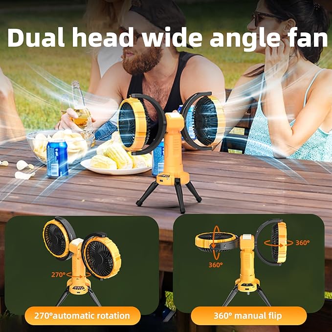 Camping Fan with Light,10000mAh Rechargeable Battery Powered Tent Ceiling Cooler Fans,270° Oscillating 360°Rotation Portable Camping Essentials Gear for Outdoor Canopy,Travel,Fishing(Orange)
