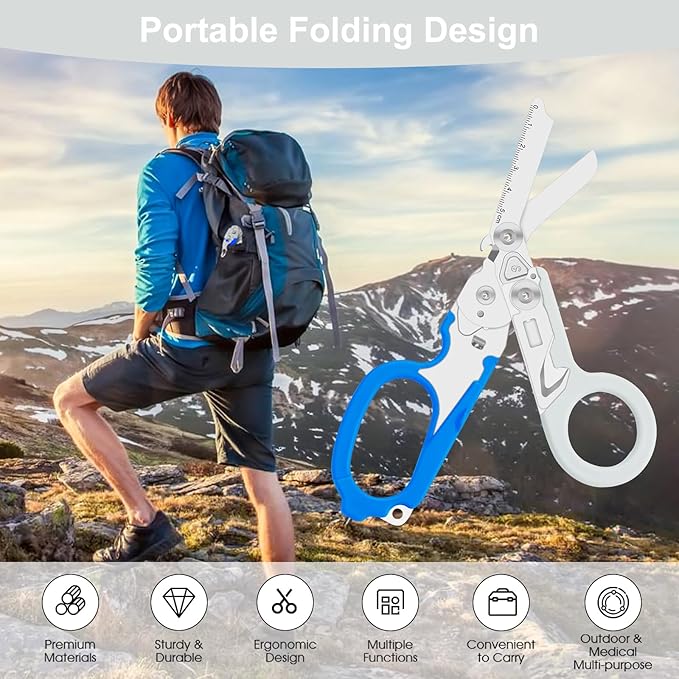 Lemasa6 in 1 Multifunctional Combination Tool, Folding Retractable Emergency Shears, Outdoor Camping Tools, Seat Belt Cutter, Oxygen Cylinder Wrench, Complimentary Adjustable Wrench (blue-grey)