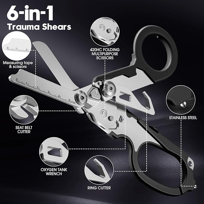 6-in-1 Trauma Clipper, Folding Emergency Clipper, Outdoor Camping Tool, Seat Belt Cutter, Oxygen Cylinder Wrench, Free Adjustable Wrench (Yellow Black Handle)