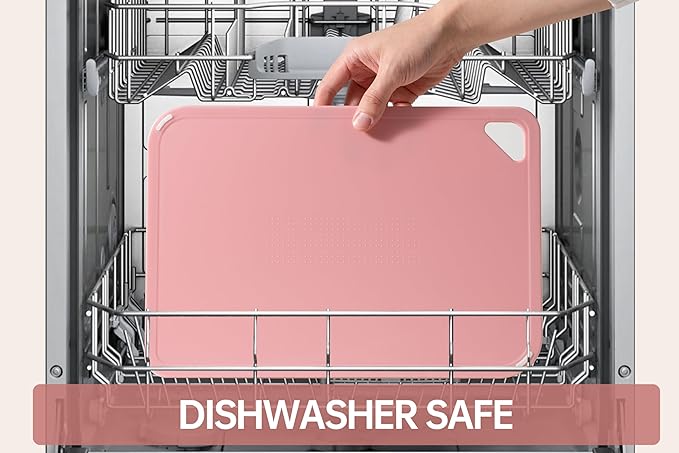 THETCHRY Plastic Cutting Board Set, Pink Cutting Board with Non-slip, Cutting Board for Kitchen Set of 3, Dishwasher Safe, BPA Free, Reversible, with Grip Handle, Pink