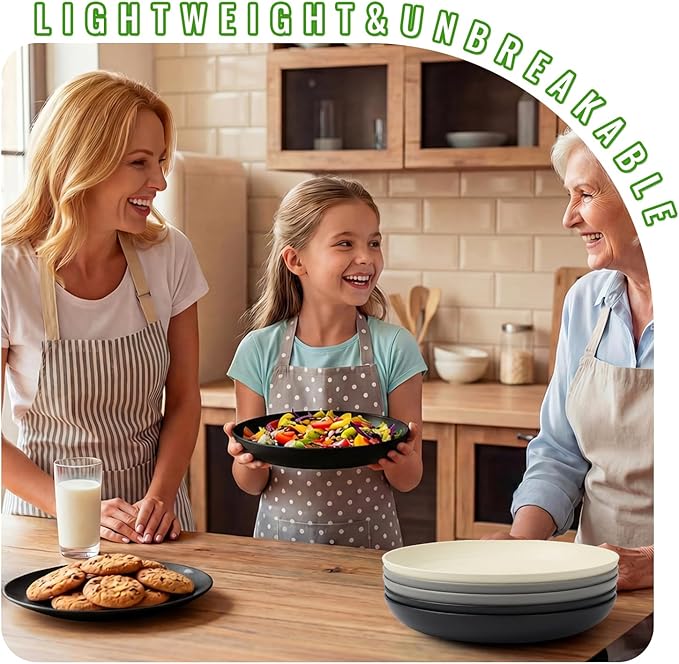Unbreakable Deep Dish Plates 6-Piece Set, 9 Inch Wheat Straw Dinner Plates, Reusable Plastic Plates for Kids & Adults, Lightweight Microwave and Dishwasher Safe Plate Set, Grey Stone