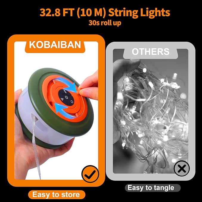 Camping String Lights, Rechargeable Tent Lights String with 6 Lighting Modes, 32.8 FT LED Hanging Waterproof Camping Lamp String for Garden, Travel, Decoration Festival Gift (Green Orange)
