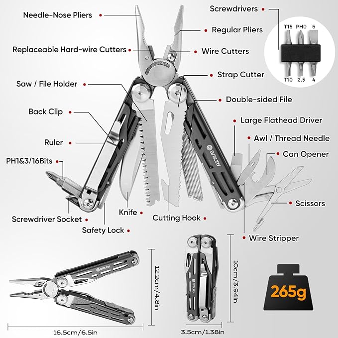 BIBURY Multitools BI2038C, 22-in-1 Stainless Steel Pocket Knife with Scissors, Foldable Self-locking EDC Multi tools Pliers with Sheath for Outdoor Hunting Survival Camping Simple Repair
