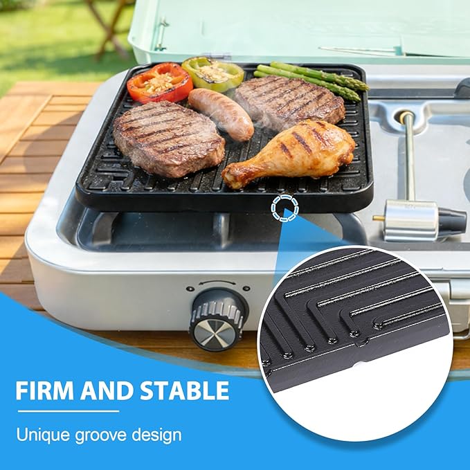 Ceramic Nonstick Reversible Griddle for Coleman Cascade & Triton, 8.5" x 8.5" Square Flat & Ribbed Camping Griddle (1 Pack) | Built-In Storage Fit, No-Wobble Stable Design, For 2-Burner Camp Stoves