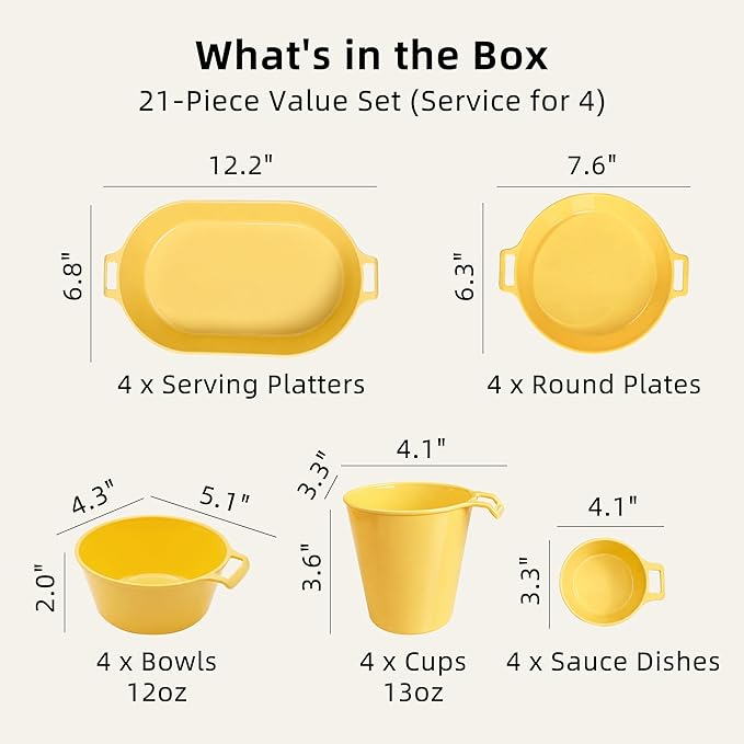 Dinnerware Set for 4, 21-Piece Reusable Plates and Bowls Set with Mesh Bag, Cups, Sauce Dishes and Serving Platters, Lightweight Outdoor Dish Set for Picnic, RV, Patio, BBQ, Mustard Yellow