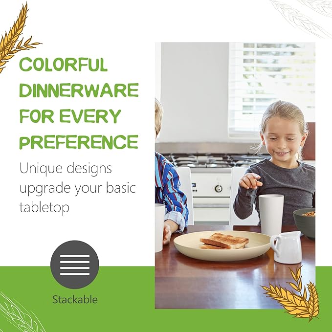 Teivio 16-Piece Kitchen Plastic Wheat Straw Dinnerware Set, Service for 4, Dinner Plates, Dessert Plate, Cereal Bowls, Cups, Unbreakable Plastic Outdoor Camping Dishes, Stone