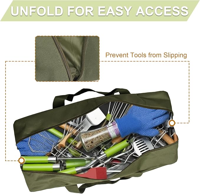 22" Upgraded Grill Tools Storage Bag, BBQ Utensil Holder with Pockets, Carry Bag for Outdoor Camping & Hiking BBQ, Gift for Men, Green