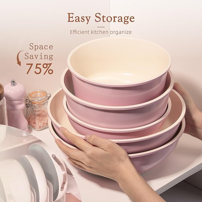 Astercook 21 Pcs Pots and Pans Set Non Stick, Ceramic Cookware Set Detachable Handle, RV Kitchen Cooking Set Removable Handles, Oven Safe, Induction Ready, Stackable, Pink, Mothers Day Gifts
