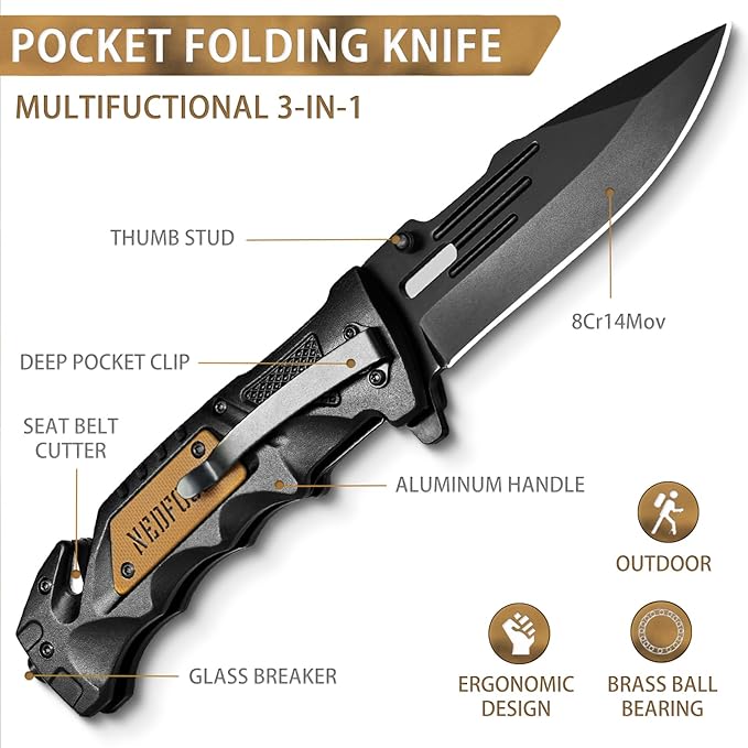 NedFoss Pocket Folding Knife DA75, 3 in 1 Pocket Knife Gifts for Men Women, Survival Knife with Liner-Lock Belt Clip, Seat Belt Cutter, Glass Breaker, Hunting knife for Camping Hiking