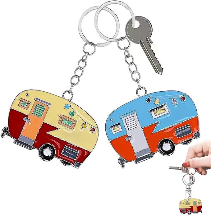 2 Pack Camper Keychain Set Happy RV Camper Keyring Couples Camping Accessories for Men Women Travel Trailers