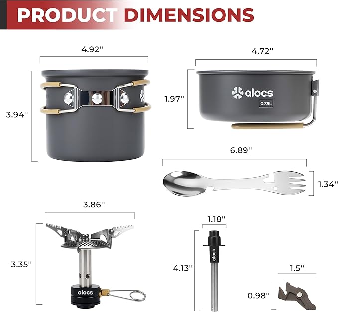 Alocs 9pcs Camping Cookware Kit, Non-Stick Lightweight Camping Pots with 3200w Stove, Igniter & Gas Canister Stand, 5-in-1 Utility Spork for Hiking, Solo Camping, Backpacking, Outdoor Cooking, Picnic