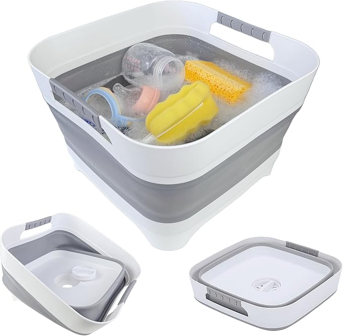 GIMWA 2.6 Gal(10L) Collapsible Wash Basin for Baby Bottles, Gray Space-Saving Collapsible Dish Basin with Drain Plug for bottle washing, Collapsible Bucket for RV Kitchen Essentials