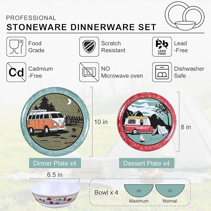 12-Piece Melamine Dinnerware Set,Unbreakable Camping Plates and Bowls Set of 4, Lightweight Outdoor Dishes with Camper Van & Tent Design for RV, Picnic, Backpacking, and Patio,Dishwasher Safe