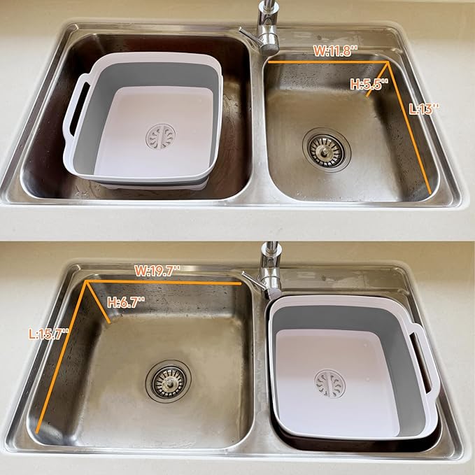 GIMWA Collapsible Wash Basin with Drain Plug - 2.4 Gallon Foldable Kitchen Sink for Baby Bottles, RV Camping, Space-Saving Dish Tub (Gray)
