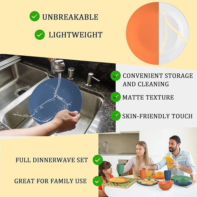 PYRMONT 40 PCS Wheat Straw Plates and Bowls Set Unbreakable Dinnerware Set Dishes for 8-Plate Sets,Cups Set,Microwave & Dishwasher Safe Bowls Set for Party,Family Gathering,RV-Multi