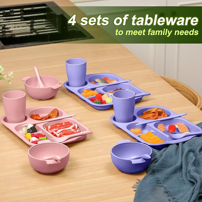 24 Pcs Wheat Straw Dinnerware Cutlery Set for Aldult Including Divided Plates Microwave Dishwasher Safe Bowl Unbreakable Tableware Straw Cutlery Spoon Knife Fork(Light Purple, Light Pink)
