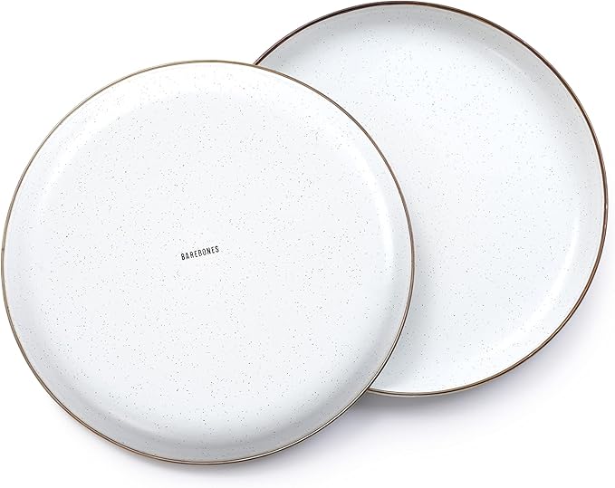 Barebones Enamel Deep Plate - Set of 2 Dinner Plates - Hand-Finished Baked Stainless Steel Trim Plate Set - Camping Kitchen and Dish Set (Eggshell)