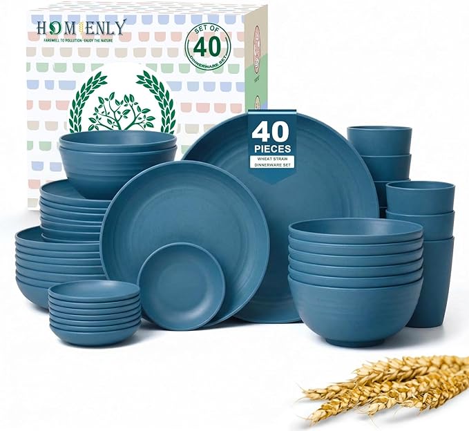 Homienly Wheat Straw Dinnerware Sets for 8, 40 Pcs Unbreakable Plates and Bowls Sets, Microwave Dishwasher Safe Dish Set, Reusable Plastic Dishes for Kitchen, Camping, Deep Plates for Salad (Blue)