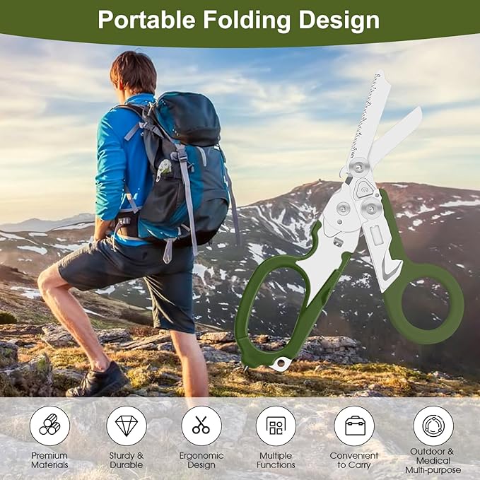 6 in 1 heavy-duty/trauma shears, Folding Retractable Emergency Shears, Outdoor Camping Tools, Seat Belt Cutter, Oxygen Cylinder Wrench, Complimentary Adjustable Wrench (army green)