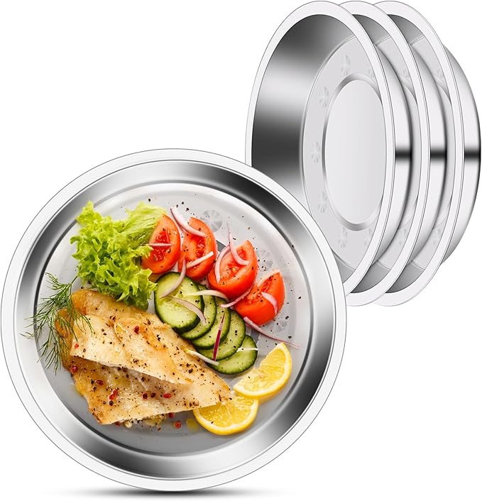 Patterned Deep Metal Camping Plates, 8 Pack 9.4 inch 201 Stainless Steel Plates, Reusable Pizza Food Serving Snack Eating Salad Dishes Round Shatterproof Silver Dinnerware Dinner Oven Safe