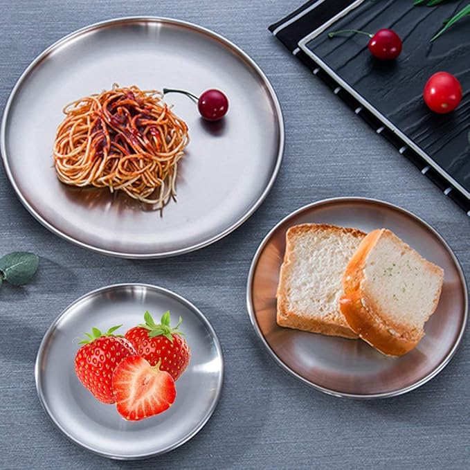 Stainless Steel Plates 2 Set Metal Dinner Dishes 9 Inch Unbreakable Dinner Plates Great for Snack,Nut,cake Picnic, Outdoor Camping Plate - Shatterproof Dishwasher Safe
