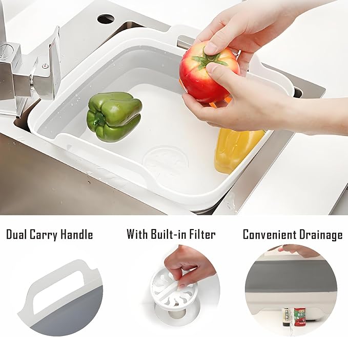 Collapsible Dish Basin with Drain Plug, 9L 2.4 Gallon Portable Wash Basin Dishpan Space Saving Dish Washing Tub Foldable Sink Tub Kitchen Storage Tray Grey