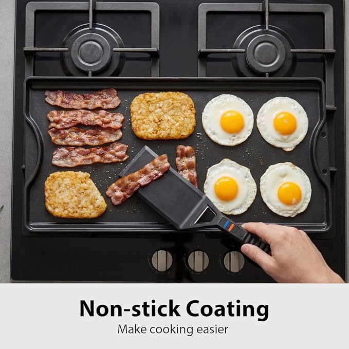 Utheer Griddle Kit, 19.5" x 10.5" Reversible Cast Iron Flat Top Griddle with 5-Piece Scratch-Free Silicone Tools, Ceramic Nonstick Grill Griddle for Stove Top, Gas Grill, BBQ and Camping