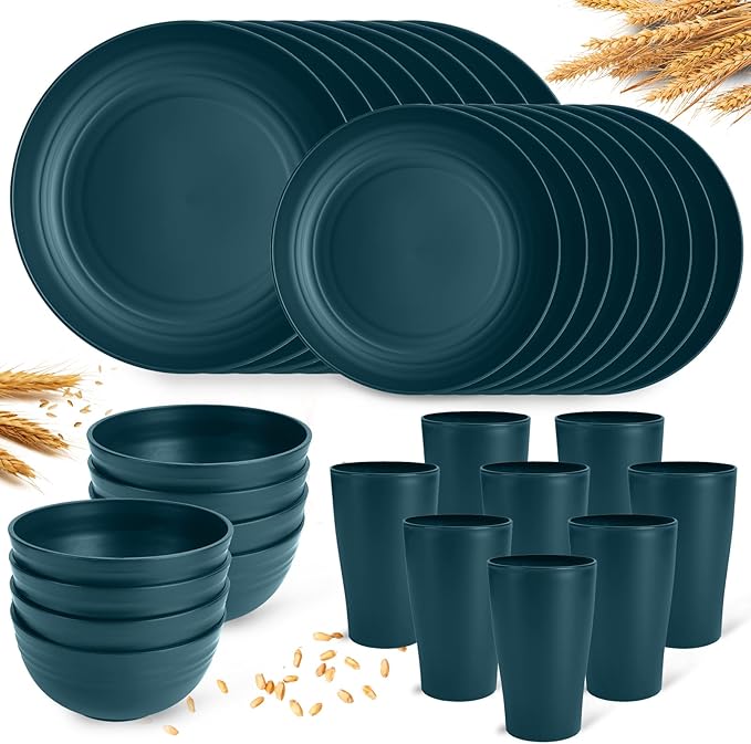 Green Unbreakable Plates and Bowls Sets Microwave and Dishwasher Safe,Dark Green Dinnerware Sets for 8,Christmas Reusable Plastic Dishes Set Lightweight for Kids Elderly Kitchen Adults Camping Outdoor