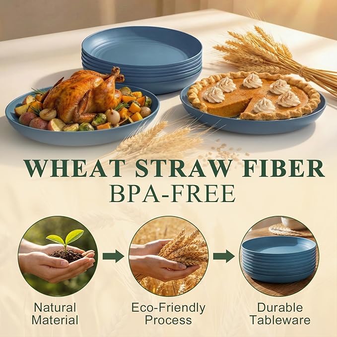 Deep Dinner Plates 11 Inch, Plastic Plates Reusable, Unbreakable Wheat Straw Plates Set of 8, Microwave and Dishwasher Safe Big Plate for Steak, Chicken, Casserole - Blue
