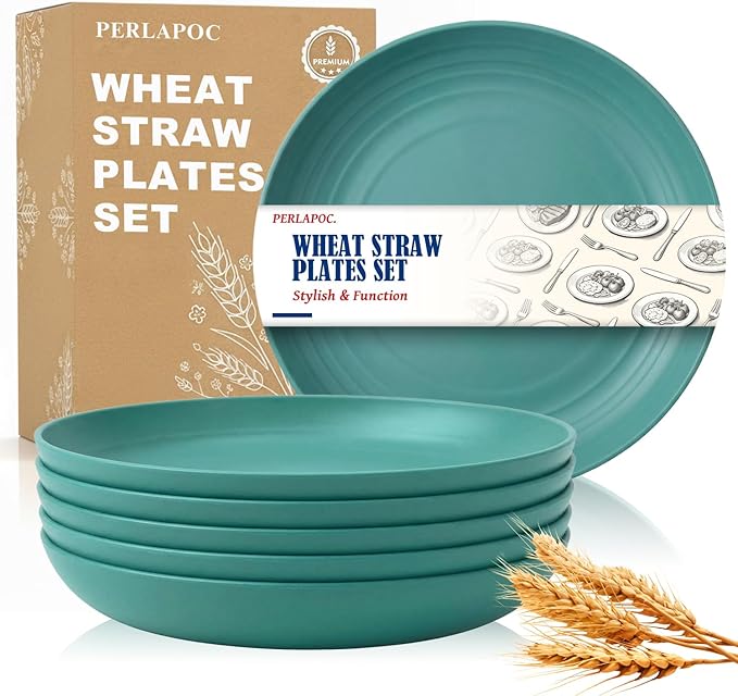 Unbreakable Dinner Plates 6-Piece Set, 10 Inch Wheat Straw Deep Plates, BPA-Free Reusable Plastic Plates, Microwave Safe Dishwasher Safe for Kids, Outdoor, Green