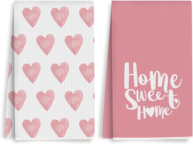 2PCS Pink Heart Love Home Sweet Home Valentine's Kitchen Towels, Valentines Day Decor for Couples, Reusable Absorbent Waffle Weave Dish Tea Towels for Cleaning Cooking, Microfiber Kitchen Towel