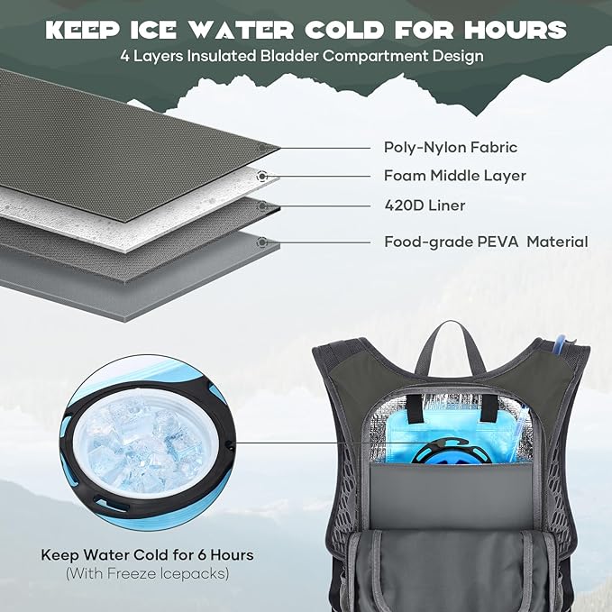 Maelstrom Hydration Hiking Backpack with 2L/3L Water Bladder, High Flow Bite Valve Water Backpack for Men Women Lightweight Insulation for Hiking, Cycling, Running, Climbing, Camping