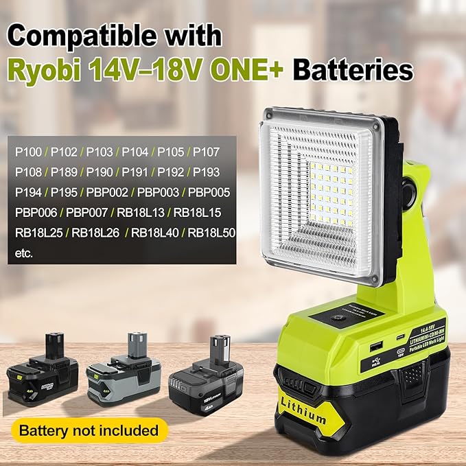 Choerinton 1800LM LED Work Light Compatible with Ryobi 18V Battery, 15W Cordless Portable Jobsite Light with USB Charging Port, Outdoor Rechargeable Floodlight for Car Repair, Camping, Hiking, Garage