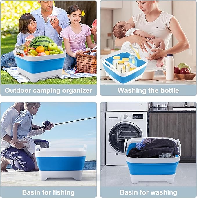 2.4 Gal(9L) Collapsible Dish Basin with Drain Plug, Space Saving Outdoor Multiuse Foldable Sink Tub, Dishpan, Kitchen Storage Tray for Camping, Vegetable Washing, RV (Blue)