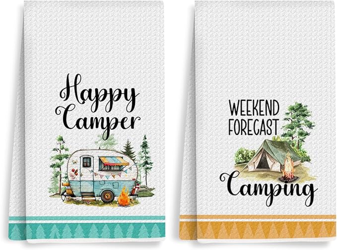 2Pcs Camping Kitchen Towels 24x14 Inch, Bonfire Forest Tent Rv Decor Waffle Weave Hand Towels for Kitchen, White Absorbent Microfiber Dish Cloth Tea Towel, Novelty Camping Gifts for Women Campers