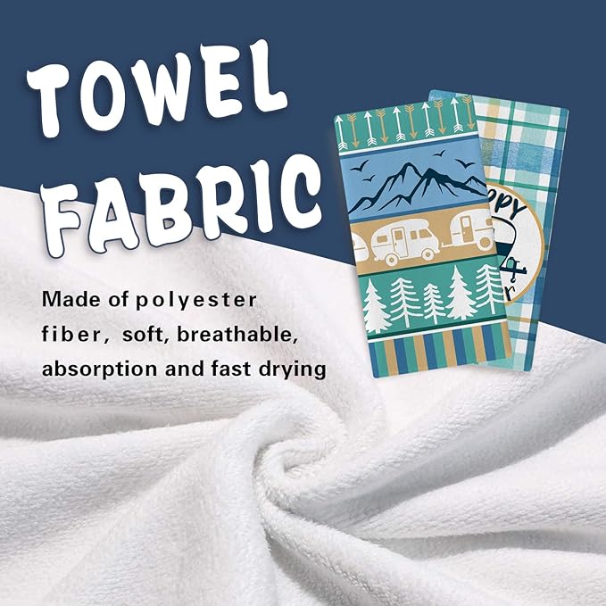 Happy Camper Kitchen Dish Towels Set of 2, Camping RV Adventure Travel Mountain Tree Drying Hand Towel Baking Cooking Cloth, Campsite Buffalo Plaid Bathroom Home Decoration 18'' x 26''