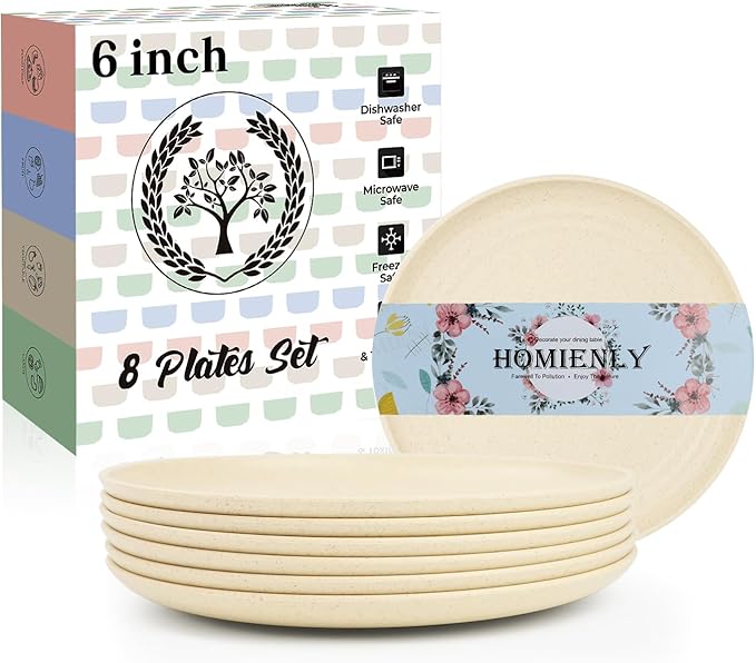 Homienly Small Plates | 5.7 Inch Lightweight & Unbreakable Wheat Straw Plates | Mini Dessert Plate Set, Microwave & Dishwasher Safe Set of 8 -Beige
