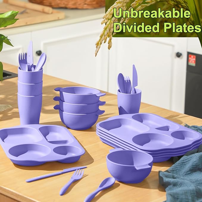 24 Pcs Wheat Straw Dinnerware Cutlery Set for Aldult Including Divided Plates Microwave Dishwasher Safe Bowl Unbreakable Tableware Straw Cutlery Spoon Knife Fork(Light Purple)