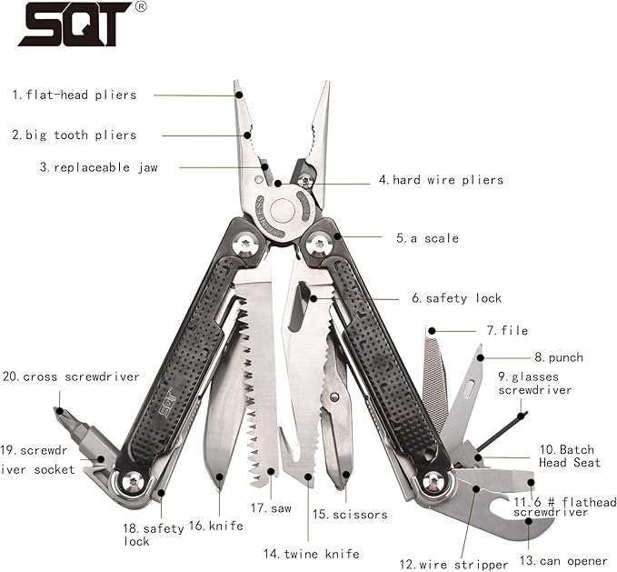 SQT2048 20-in-1 Multitool, Foldable & Self-Locking, Professional Tool for DIY, Home Repairs, Outdoor Camping – Must-Have Gifts for Men, Compact, Durable, All-in-One Tool for Every Task, Black
