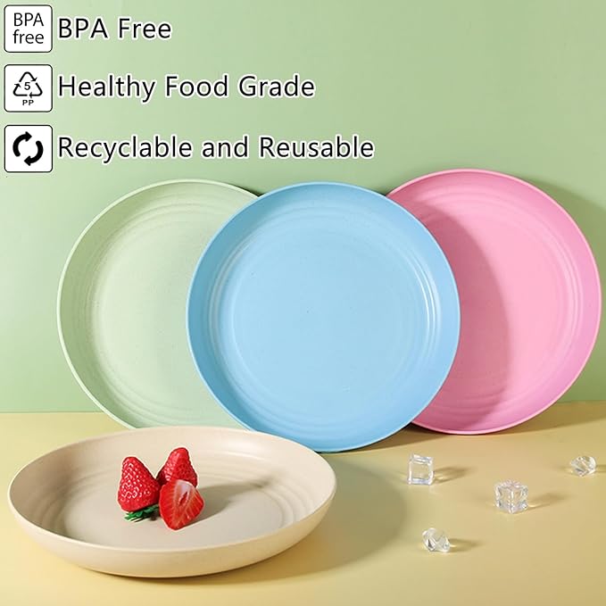 Wheat Straw Plates, Unbreakable Dinner Plates Set of 4, 8 Inch Plastic Plates Reusable, Dishwasher & Microwave Safe, Lightweight Salad Plates for Camping/Kitchen