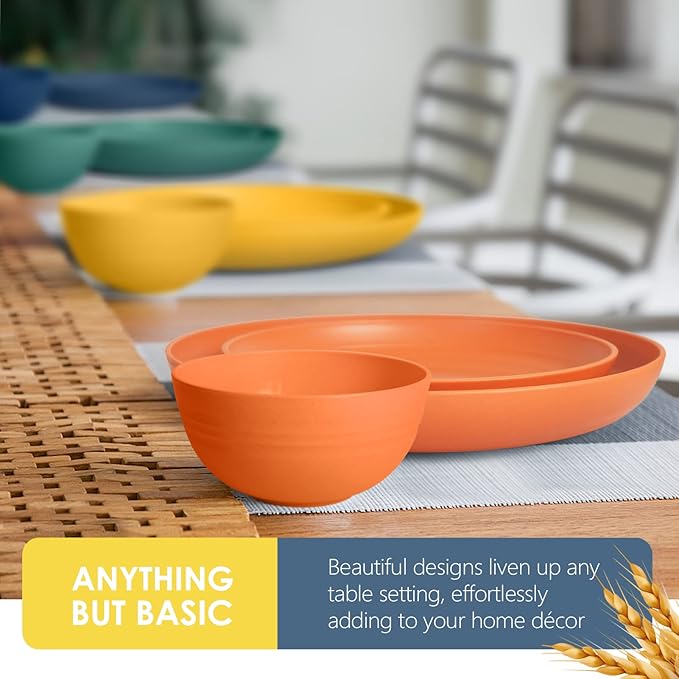 Teivio 16-Piece Kitchen Plastic Wheat Straw Dinnerware Set, Service for 4, Dinner Plates, Dessert Plate, Cereal Bowls, Cups, Unbreakable Plastic Outdoor Camping Dishes, Autumn Multicolor