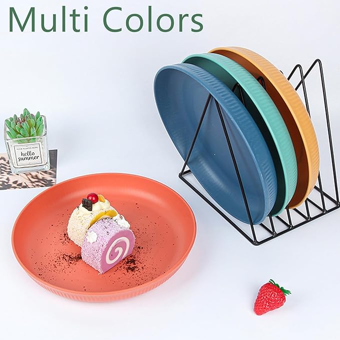 Dinner Plates Set of 4, 8 Inch Plastic Plates Reusable, Wheat Straw Plates, Dishwasher & Microwave Safe, Lightweight Salad Plates for Camping/Kitchen