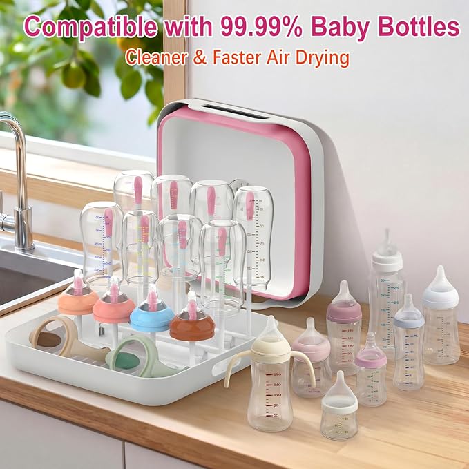 Collapsible Wash Basin for Baby Bottles with Drying Rack – 2.4 Gallon Foldable Dish Tub with Handles, Portable RV Camping Sink & Space-Saving Wash Bin with Lid for Kitchen, Travel & Outdoor, Pink