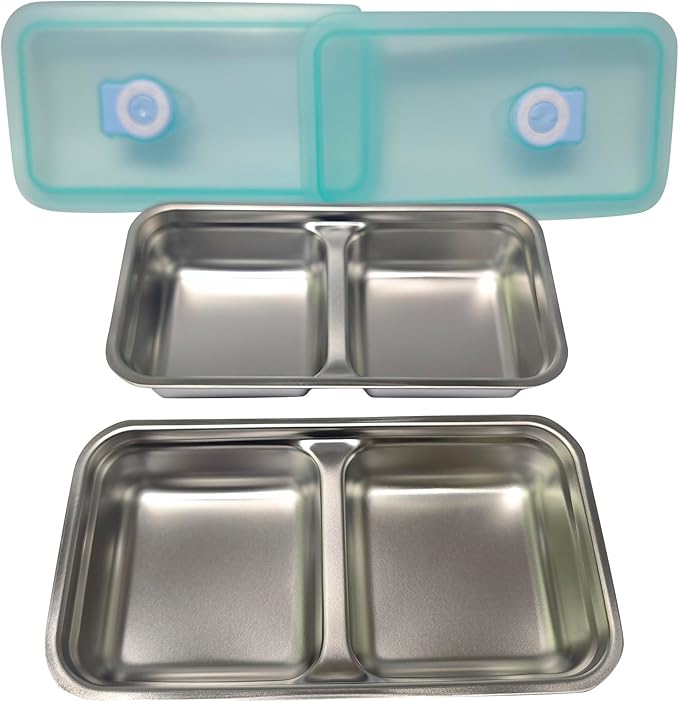 2 Pack Stainless Steel Snack Containers with Leak-Proof Lids, Reusable Food Storage Boxes, Dishwasher Safe Portable Lunch Containers for Meal Prep, Travel, Camping (2-Cell)